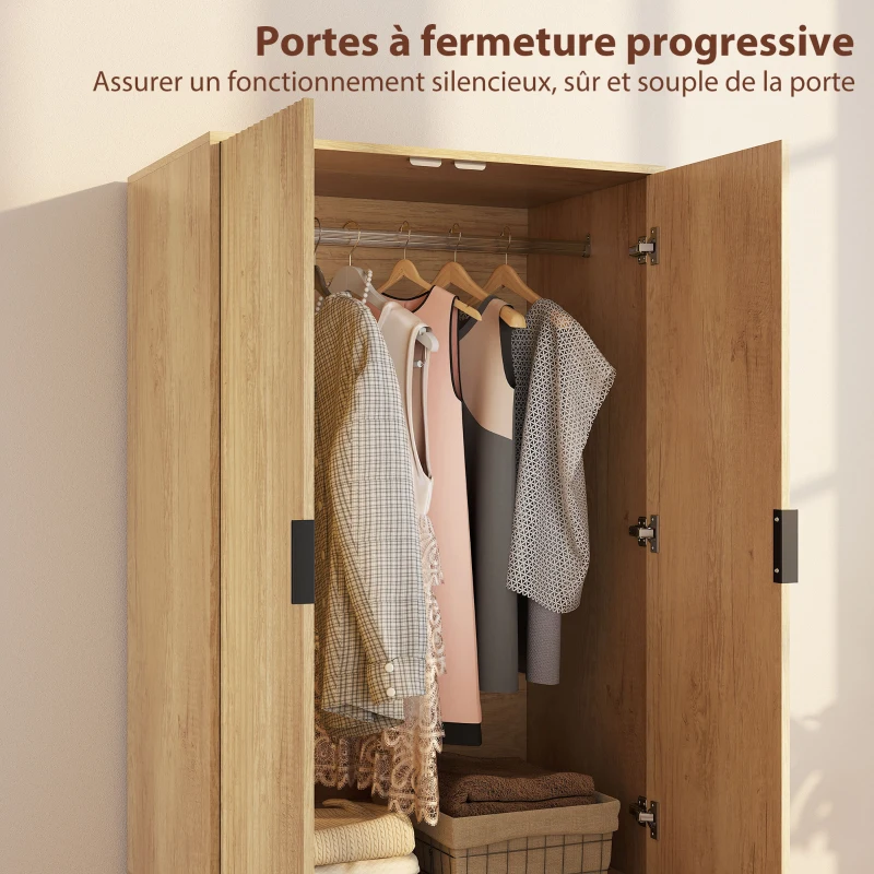 HOMCOM Armoire chambre penderie avec 2 portes à fermeture douce, 2 tiroirs et barre de suspension, 80x50x180cm, bois naturel