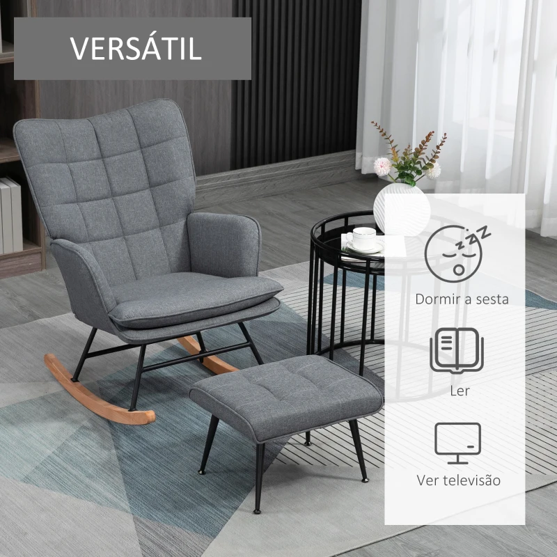 HOMCOM Silla Mecedora con Reposapiés Cojín Acolchado y Antivuelco Carga 130 kg 64x89x90 cm Gris