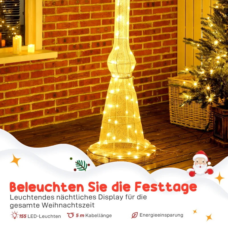 Outsunny 2,15 m verlichte lantaarnpaal, 155 LEDs, outdoor kerstlantaarn, rode strik, waterdicht, voor tuin, terras