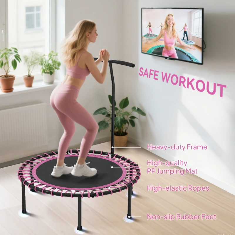 HOMCOM 45" Foldable Mini Trampoline Silent Rebounder Indoor Outdoor Jumper with Adjustable Handle - Pink