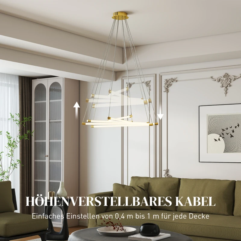 HOMCOM LED-Deckenlampe, 50W, 5 anpassbare Lichtrohre, anpassbar, Deckenleuchte für Wohnzimmer, Esszimmer, Küche, Gold+Weiß