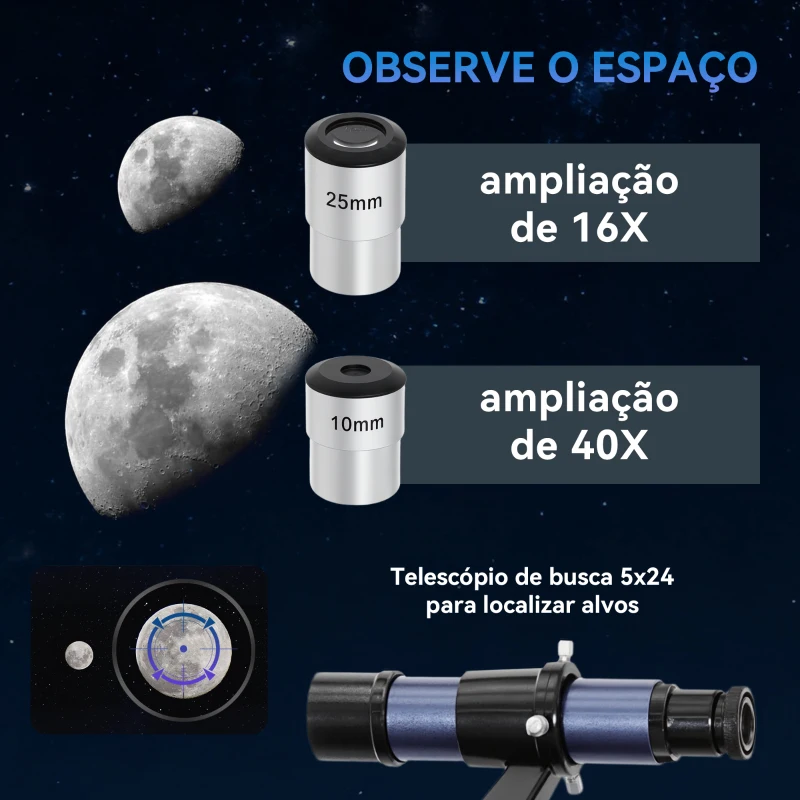 Outsunny Telescópio Refletor Abertura de 114 mm 16X-120X, 470 mm com Lente Barlow Tripé Ajustável 86x86x145 cm Azul Escuro e Preto