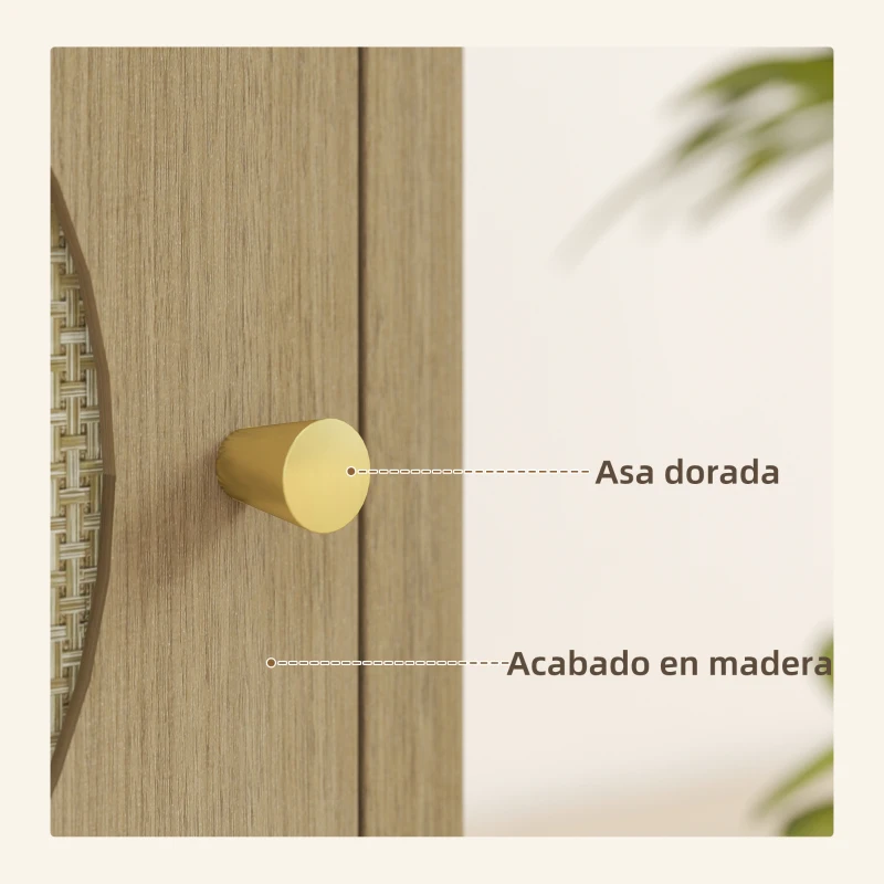 HOMCOM Mesita de Noche con Puerta de Ratán Mesilla de Noche con Estante Abierto y Compartimento 40x35x55 cm Madera Natural