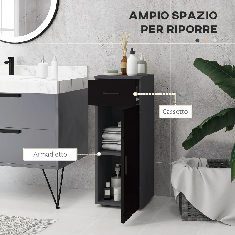 kleankin Mobiletto Bagno in Truciolato con Cassetto e Armadietto a 2 Livelli Regolabili, 30x30x82 cm, Nero e Grigio
