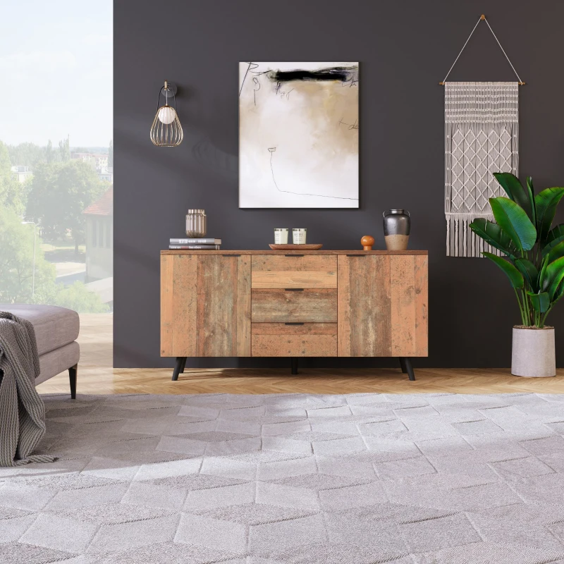 Credenza Vintage in Legno Marrone con 3 Cassetti e Ripiani Regolabili per Soggiorno e Sala da Pranzo, Marrone antico