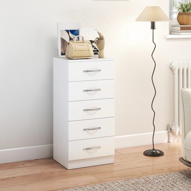 HOMCOM Commode 5 tiroirs au style moderne, en panneau de particules, 40x35x85 cm, Blanc