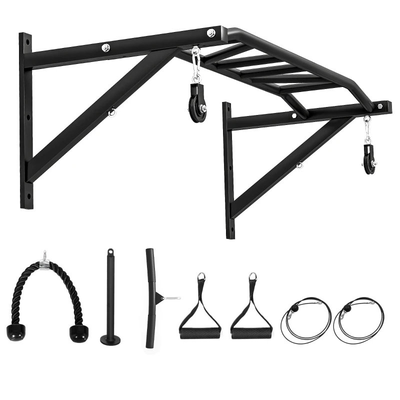 SPORTNOW Barra per trazioni da parete, con diverse impugnature e cavo, carico 200kg, in acciaio 126x60x45,5cm, Nero