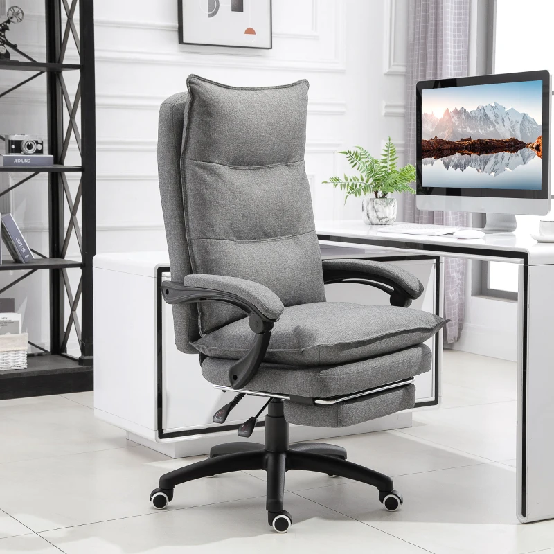 Vinsetto Fauteuil de bureau massant, chaise de bureau, chaise ergonomique avec hauteur réglable, dossier inclinable, repose-pied intégré et télécommande filaire, pivotant à 360°, toile de lin gris