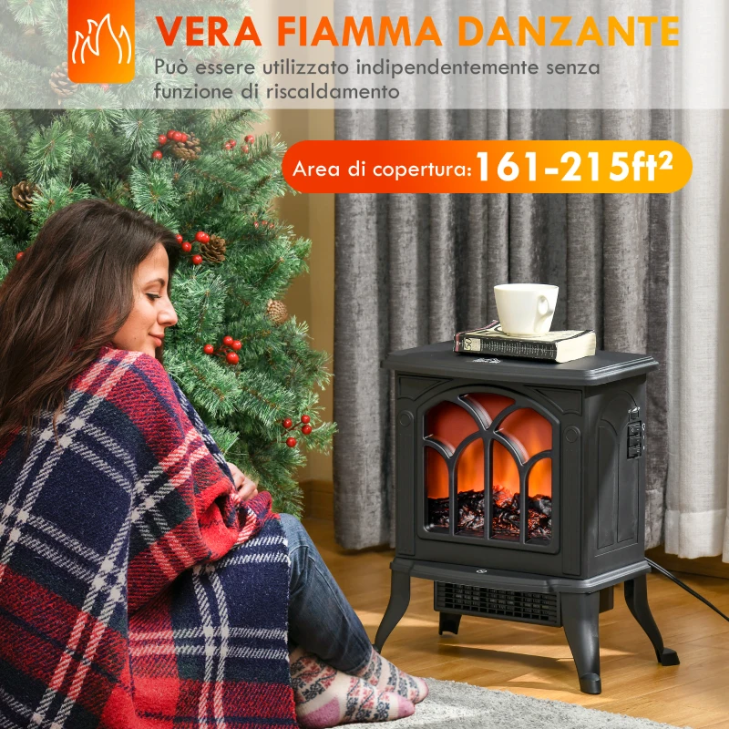 HOMCOM Camino Elettrico da Terra con 2 Livelli di Potenza 750/1500 W, Effetto Fiamma, Area di Copertura 15-20 m², Nero
