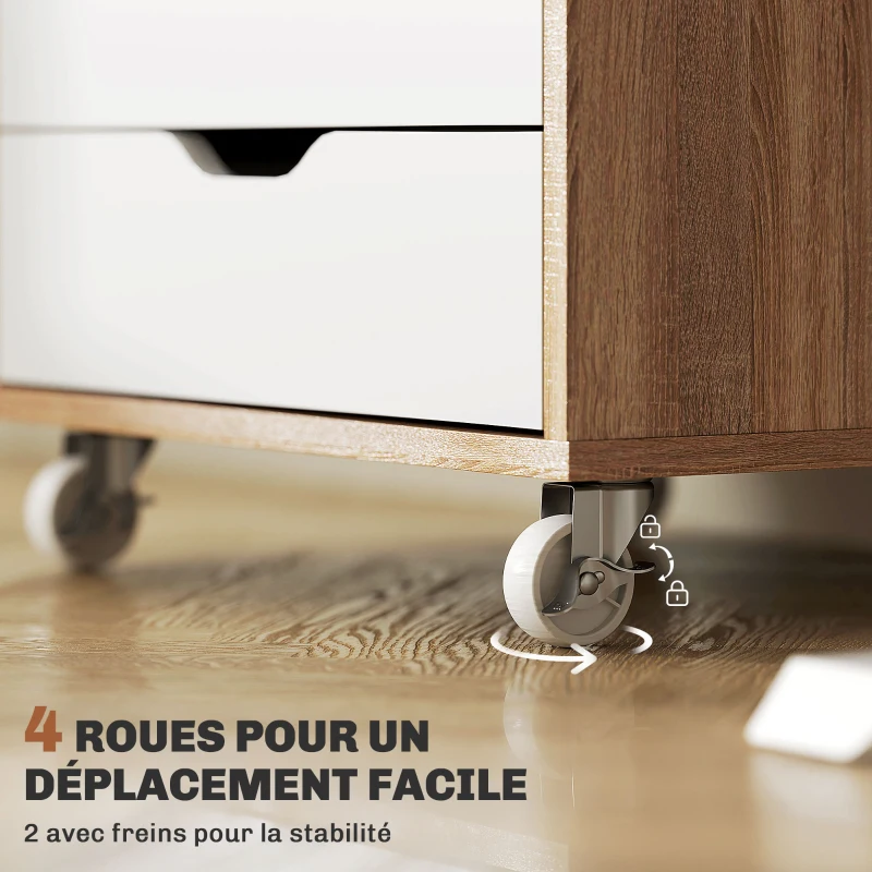 Vinsetto Caisson bureau mobile, meuble rangement bureau sur roulettes, 5 tiroirs, 47,5 x 39,5 x 67,5 cm, blanc et chêne