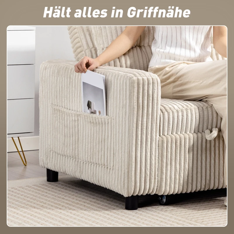 HOMCOM 2-Sitzer Sofabett, Cordbezug, zum Schlafsofa umwandelbar, 2 Kissen, Seitentaschen, 157 x 190 cm, Cremeweiß