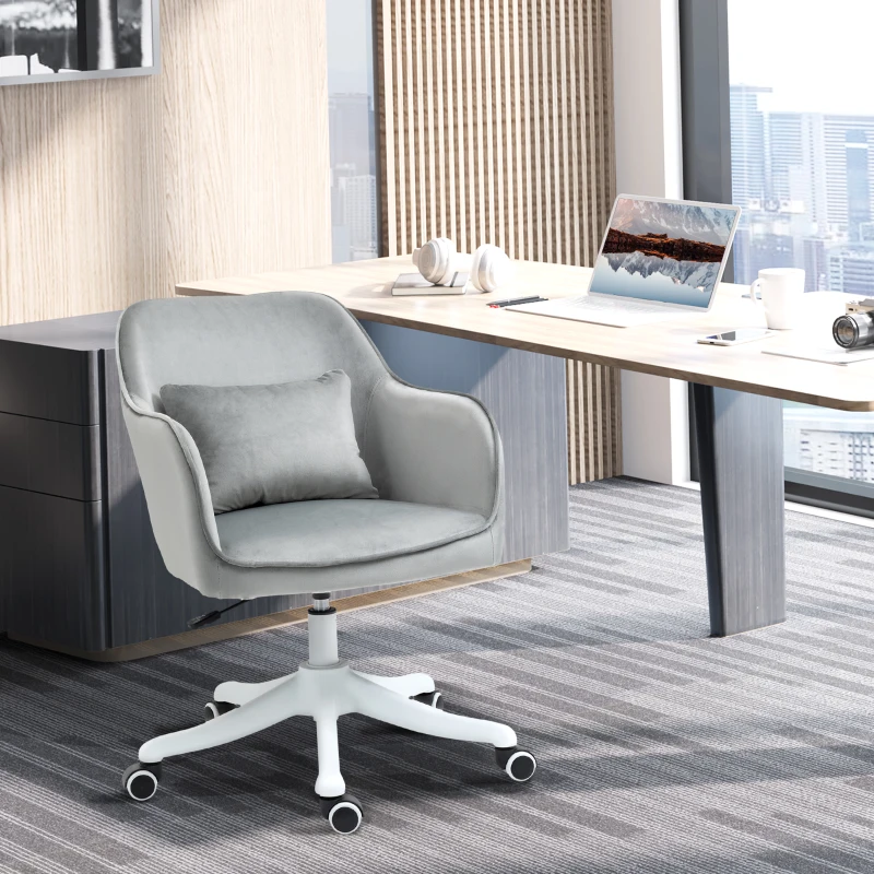 HOMCOM Chaise de bureau velours fauteuil bureau massant coussin lombaire intégré hauteur réglable pivotante 360° gris clair