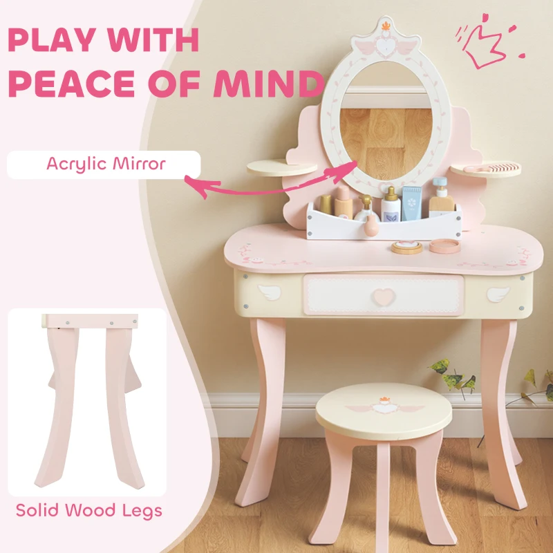 AIYAPLAY Kids Dressing Table, Girls Vanity Set with Mirror and Stool, 7 Play Accessories, Drawer, Desktop Storage, Pink