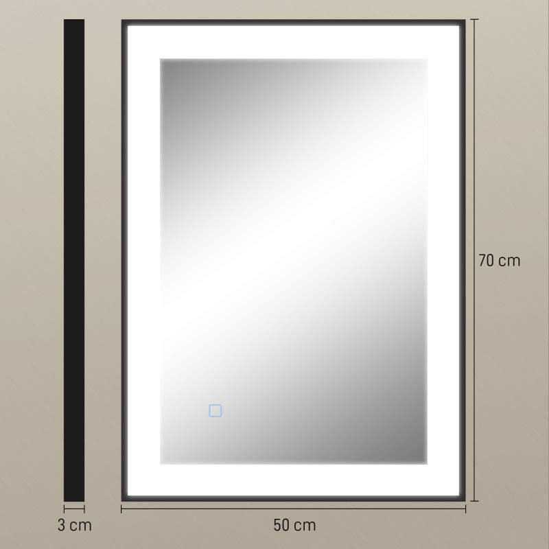 HOMCOM Specchio da Bagno Illuminato a LED con Colore e Temperatura Regolabile e Cornice in Alluminio, 70x3x50 cm, Nero