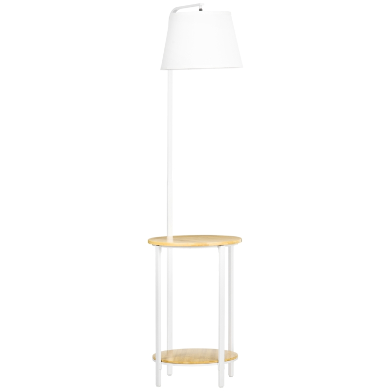 HOMCOM Lampadaire sur pied avec abat-jour en tissu 2 étagères rondes en bois interrupteur au pied hauteur 162 cm blanc