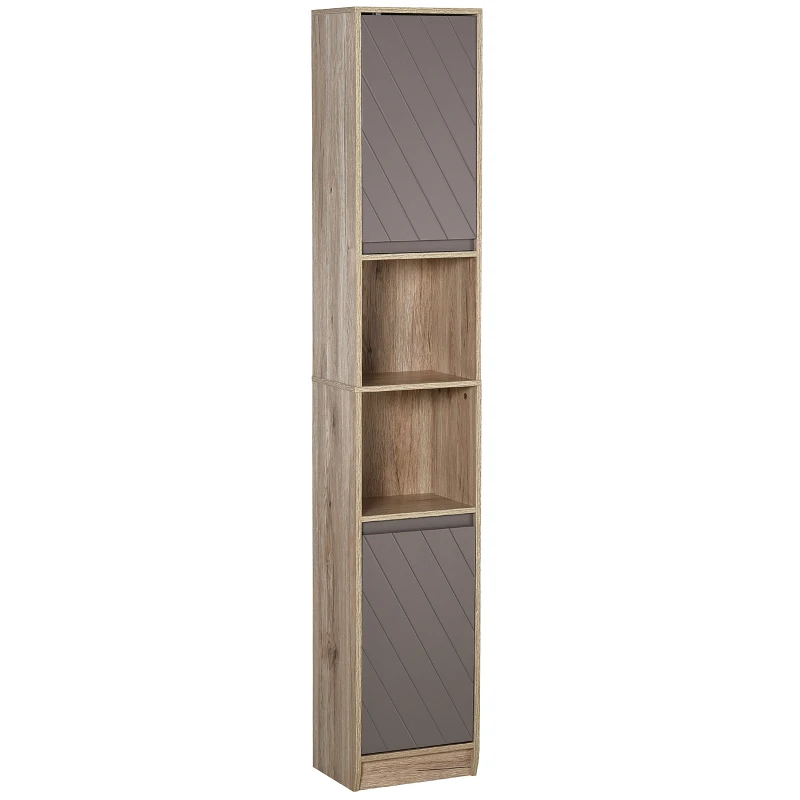 HOMCOM Meuble colonne rangement salle de bain style cosy 30 x 24 x 170 cm 2 portes étagère 2 niches chêne clair gris