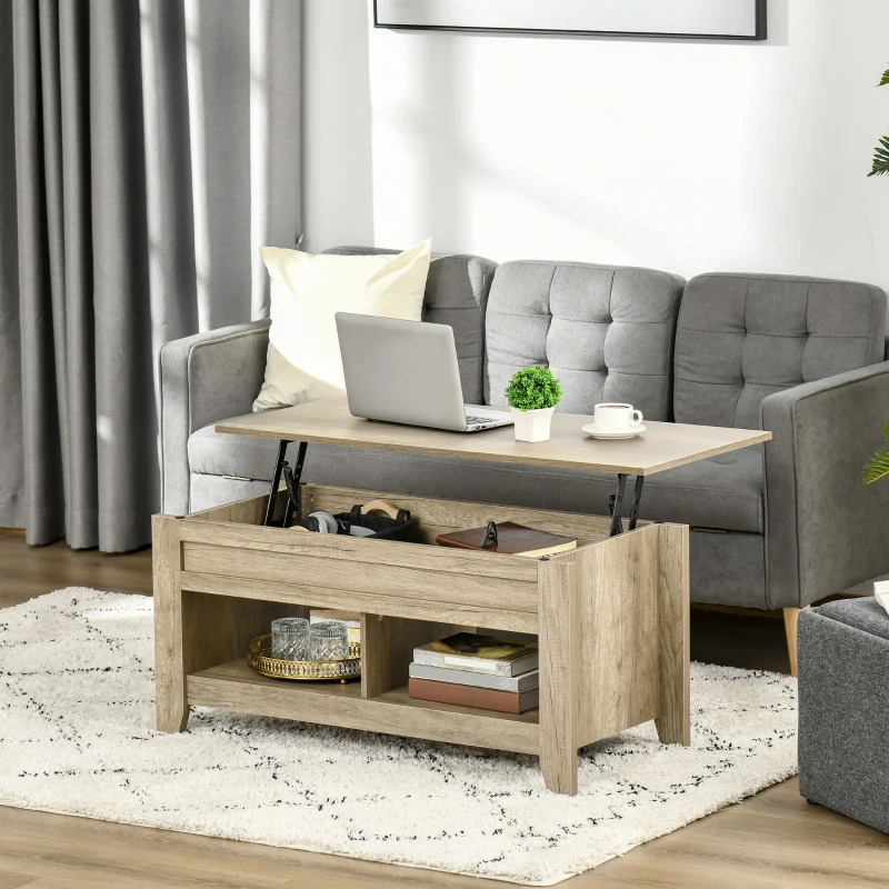 HOMCOM Table basse plateau relevable, table de salon avec étagères et compartiment caché,105 x 50 x 49-62,5 cm pour salon, chambre, aspect chêne clair