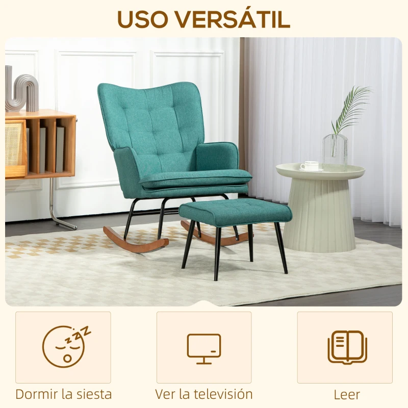 HOMCOM Silla Mecedora con Reposapiés Cojín Acolchado y Reposabrazos Carga 130 kg Verde Azulado