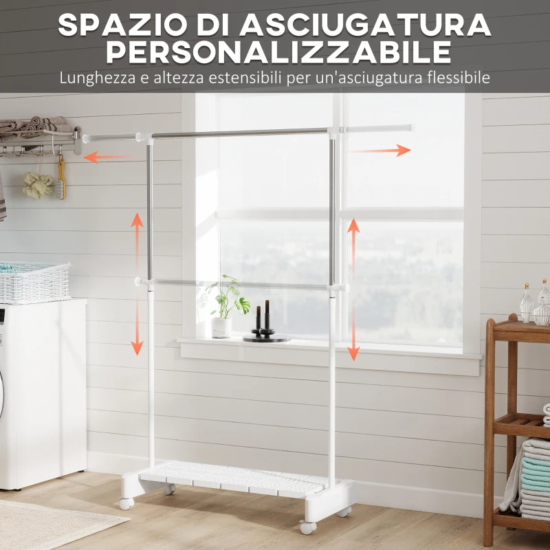 HOMCOM Stendibiancheria Estensibile con Ruote e Freno, Ripiano Porta Scarpe e Struttura in Acciaio Inox, Bianco