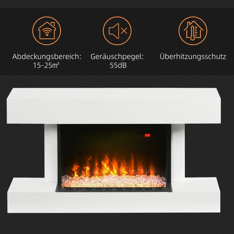 HOMCOM Elektrokamin, Wandkamin mit Heizung 2000 W, LED 3D-Flammeneffekt, Kristalle, in 11 Farben mit 3 Helligkeitsstufen, Elektrischer Kamin mit Fernbedienung, Timer, Wandmontage, Weiß