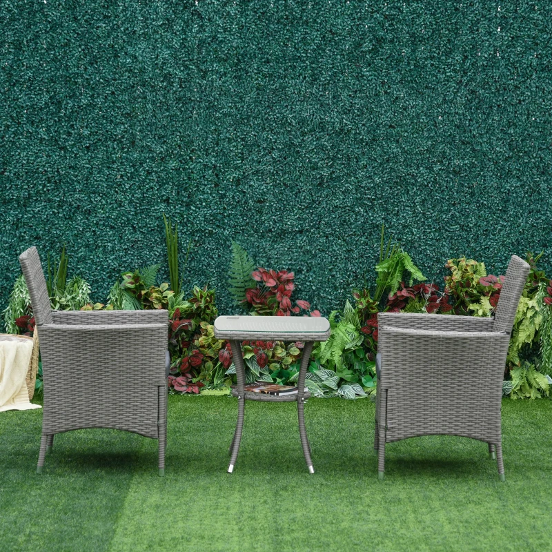 Outsunny Ensemble salon de jardin 2 places : 2 fauteuils et table basse plateau verre trempé résine tressée imitation rotin avec coussins gris