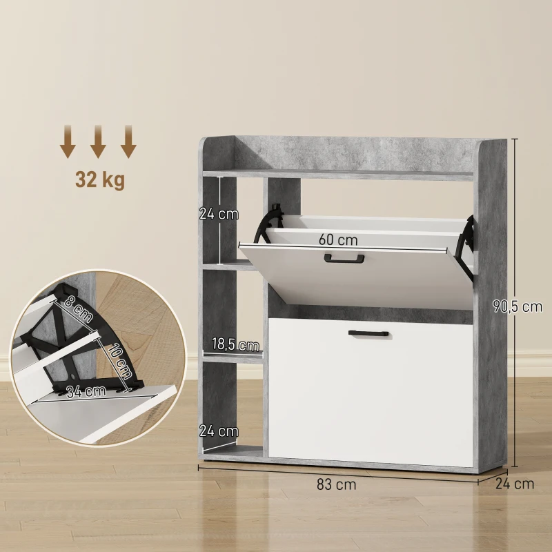 HOMCOM Zapatero Estrecho con 2 Cajones Abatibles y 3 Compartimentos Abiertos, Capacidad para 15 Pares, 83x24x90.5 cm, Gris