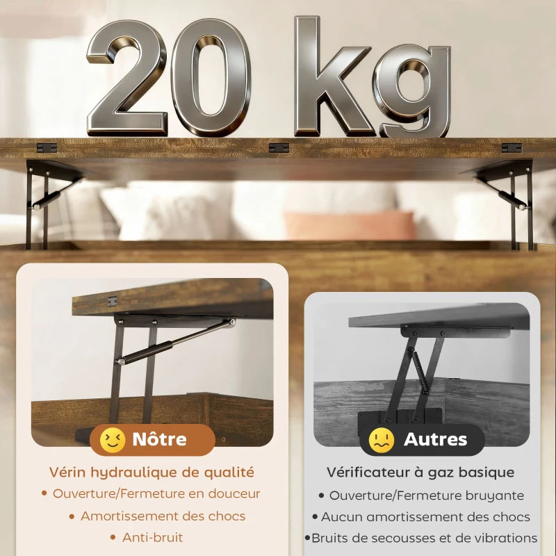 HOMCOM Table basse relevable et extensible table de salon avec compartiment caché étagère ouverte 100x45x50,5cm brun rustique