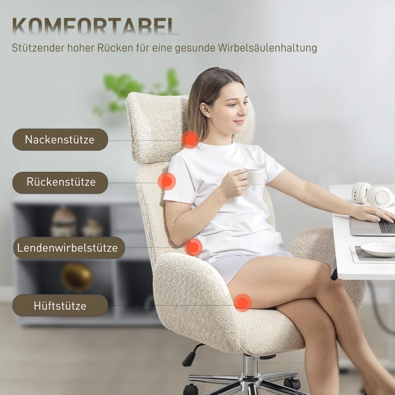 HOMCOM Bürostuhl mit verstellbarer Kopfstütze, ergonomischer Schreibtischstuhl, Kippfunktion, höhenverstellbar, Grauweiß(m-4)