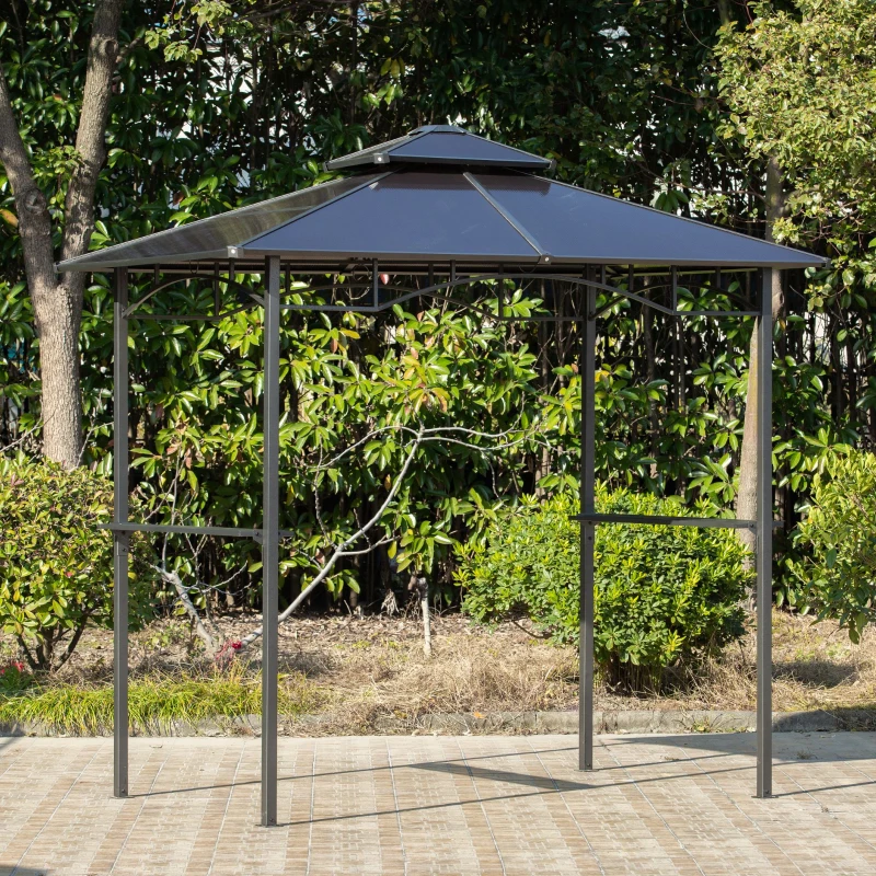 Outsunny Tonnelle jardin 2,4 x 1,5 m - abri barbecuesteakhouse 2 étagères, toit de barbecue alu. métal noir toit polycarbonate