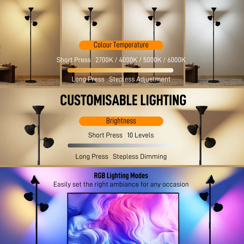 HOMCOM Dimbare vloerlamp met leeslamp, vloerlamp RGB kleurwissel met afstandsbediening touchbediening 3 draaibare koppen Zwart