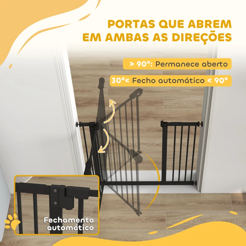 PawHut Barreira de Segurança de Cães para Escadas e Portas 74-94 cm com 1 Extensão Fechamento Automático e Sistema de Duplo Bloqueio Aço Preto