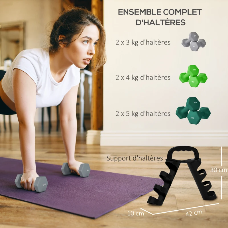 SPORTNOW Lot d'haltères hexagonaux, haltères musculation, 2 x 3 kg, 2 x 4 kg, 2 x 5 kg, avec support convertible d'haltères