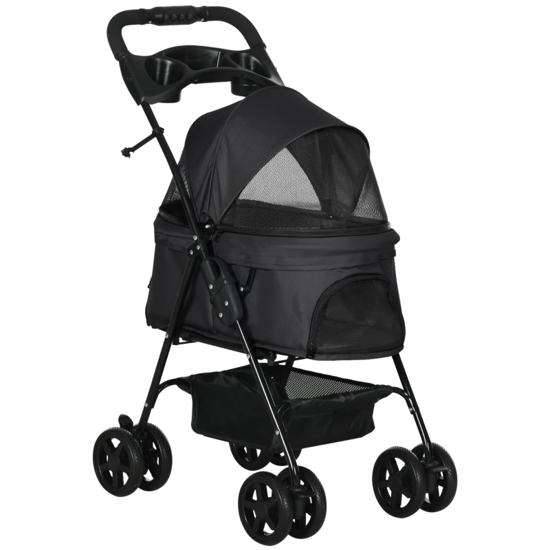 PawHut Poussette buggy pliable chien chat panier rangement porte-gobelets tissu 300D Oxford imperméable 4 roues noir