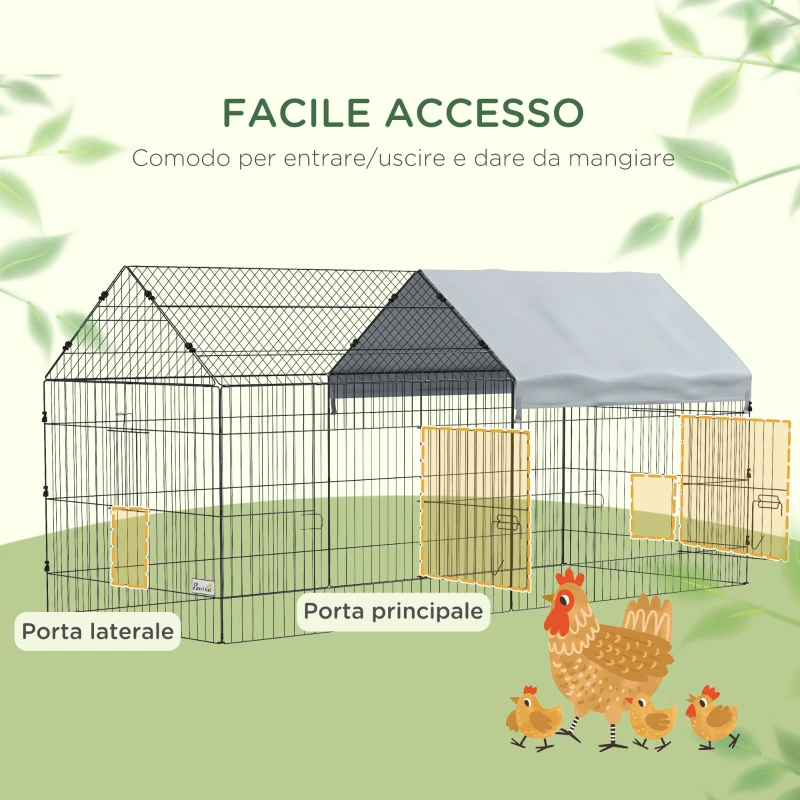 PawHut Gabbia per Conigli da Esterno e Interno a Casetta con Tettuccio, 220x85x103cm, Argento