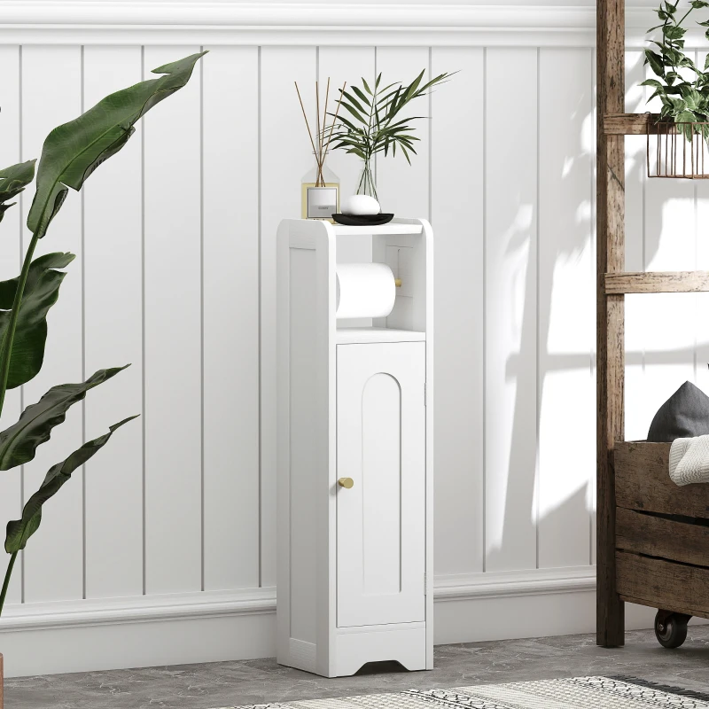 HOMCOM Mobile da bagno salvaspazio, con ripiano regolabile e porta rotolo, Bianco