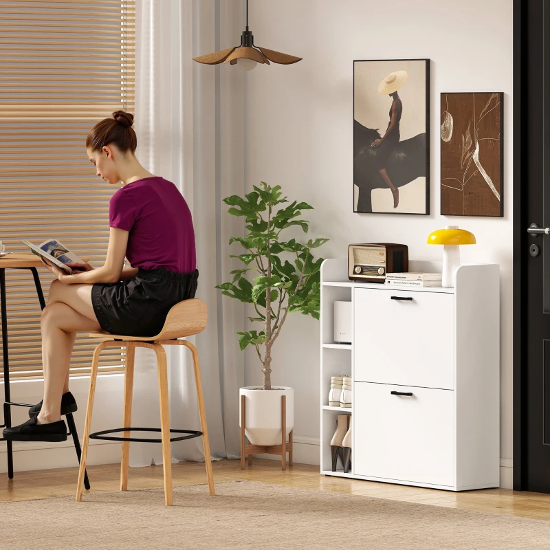 HOMCOM Slim-Schuhschrank mit 2 Klappfächern und 3 offenen Fächern, Kapazität 15 Schuhe, 83x24x90,5 cm, Weiß