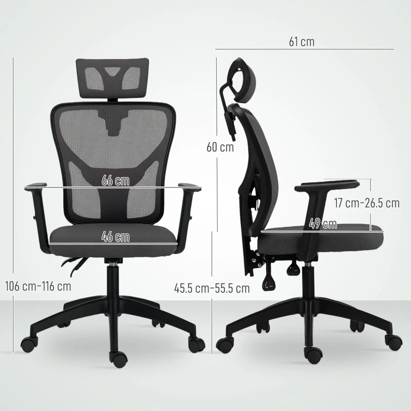 Vinsetto Sedia da Ufficio Ergonomica e Regolabile con Supporto Lombare e Poggiatesta, 66x61x106-116 cm, Grigio