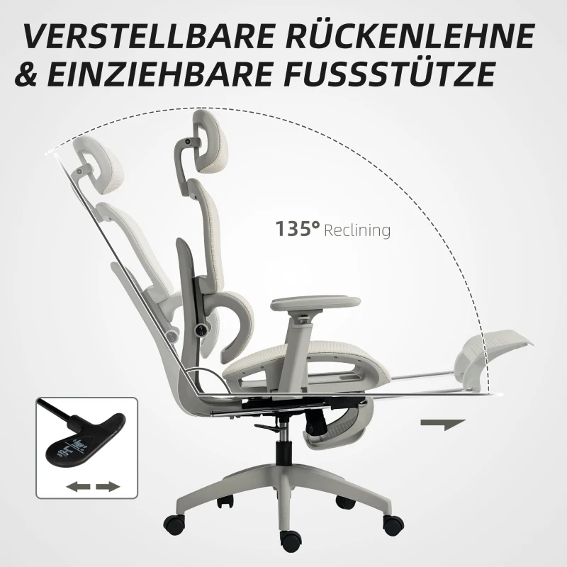 HOMCOM Bürostuhl, Ergonomischer Schreibtischstuhl mit Netzstoffbezug, verstellbar, rollbar, mit Armlehnen, Kopfstütze, Beige