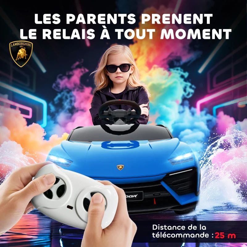AIYAPLAY Voiture électrique enfant véhicule électrique Lamborghini 12V télécommande 2,4G et 2 moteurs vitesse max. 4 km/h bleu