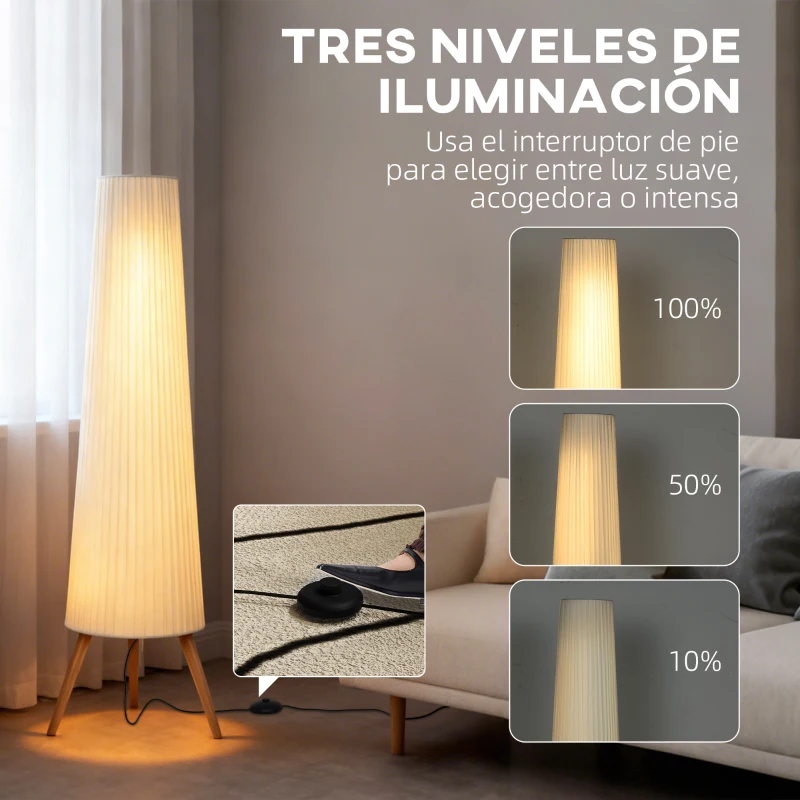 HOMCOM Lámpara de Pie con Trípode Brillo Ajustable 3 Niveles Interruptor de Pie Patas de Madera y Pantalla de Tela Blanco