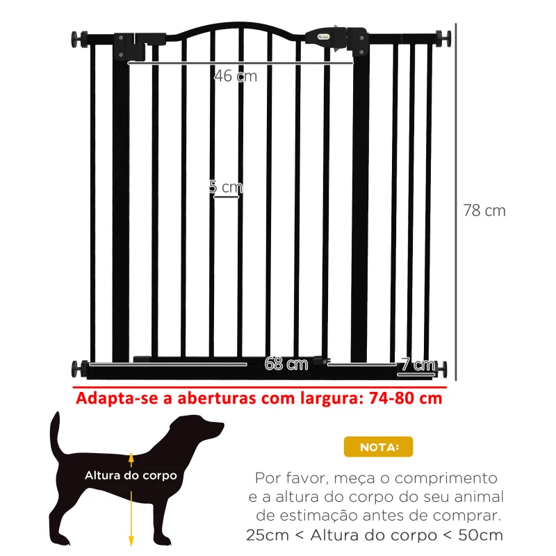 PawHut Barreira de Segurança para Cães com Largura Ajustável 74-80 cm e Extensões para Escadas e Portas Preto