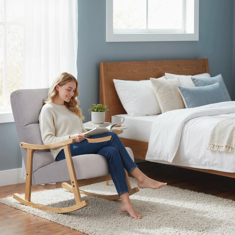 HOMCOM Silla Mecedora de Borreguito con Patas y Reposabrazos de Madera de Caucho Mecedora Carga 120 kg Gris Claro