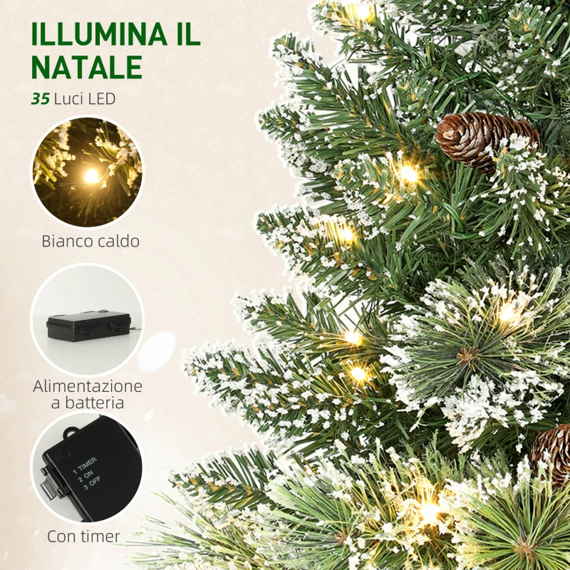HOMCOM Albero di Natale Piccolo Alto 60 cm con 35 Luci LED Bianche, 64 Rami Ignifughi con Pigne, Verde