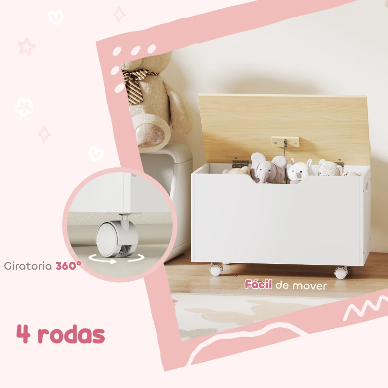 AIYAPLAY Baú de Brinquedos com Rodas com Tampa Abatível e Dobradiça de Segurança Desenho de Nuvem  59x30x53 cm Branco e Madeira