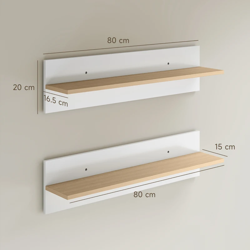 HOMCOM Set 2 Mensole da Parete in Legno, 80x16.5x20 cm, Bianco e color Legno