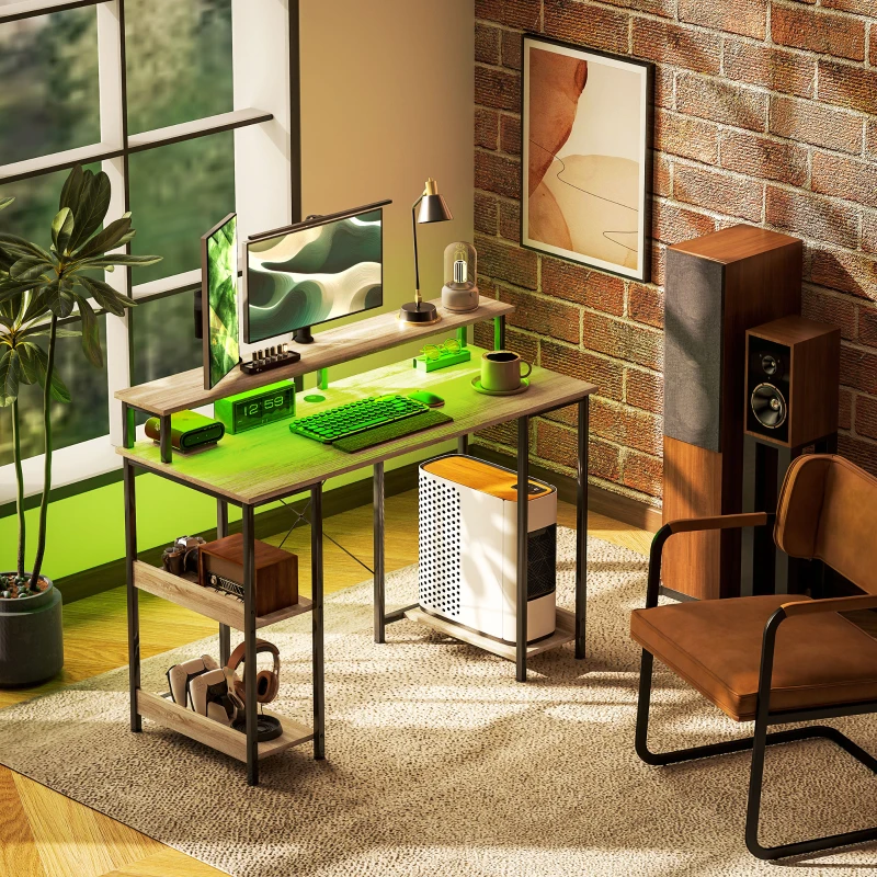 HOMCOM Bureau d'ordinateur 120 cm bureau avec rangement avec lumières LED, étagères de rangement, support d'écran, naturel