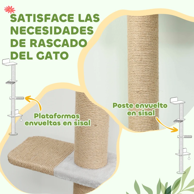 PawHut Árbol para Gatos de Pared de 5 Niveles Rascador para Gatos Estrecho con Bola y Rascadores 48x21x180 cm Gris Claro