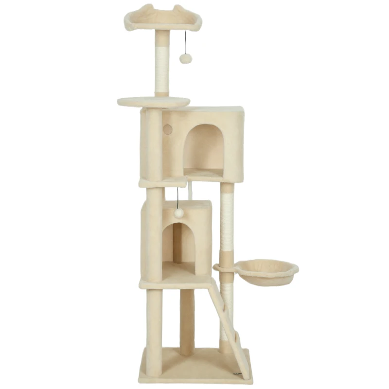 PawHut Krabpaal 160 cm kattentoren met hangmat, ladder, hol, 2 pluche ballen, sisalstammen, 48 x 48 x 160 cm, Beige