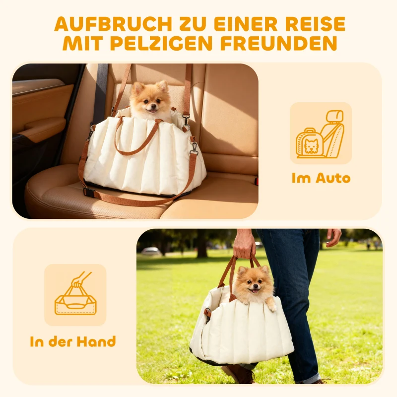 PawHut Autositz für Hunde unter 5 kg, 2 Gurte, Oxford-Stoff, Kissen, Leine, Cremeweiß