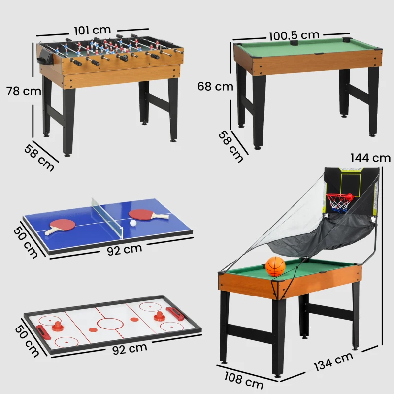 SPORTNOW Mesa Multijuegos 5 en 1 con Futbolines para Niños Billar Ping-pong Hockey y Baloncesto 134x108x144 cm Natural y Negro